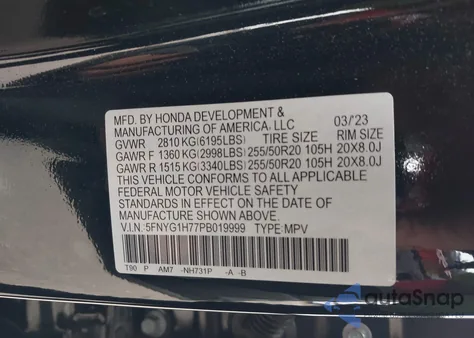 2023 Honda Pilot Awd Touring from USA, damaged, VIN 5FNYG1H77PB019999